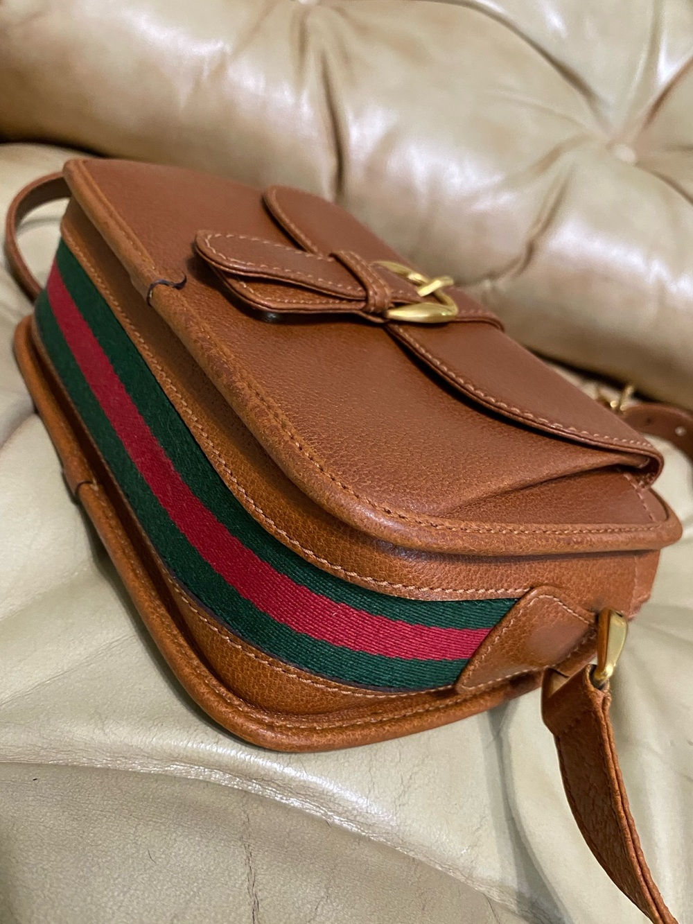 RARE Gucci Vintage Camera Bag COA Web Stripe Crossbody Cognac Leather - Picture 6 of 16